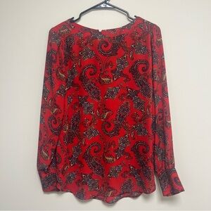 Loft red black brown‎ paisley long sleeve Flowy blouse with keyhole back size S